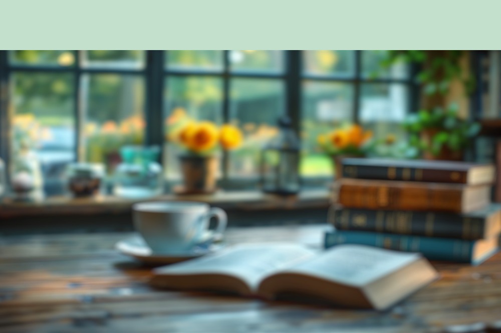 Aufgeschlagenes Buch und eine Tasse auf einem Holztisch, dahinter ein Fenster mit Pflanzen und Blumen