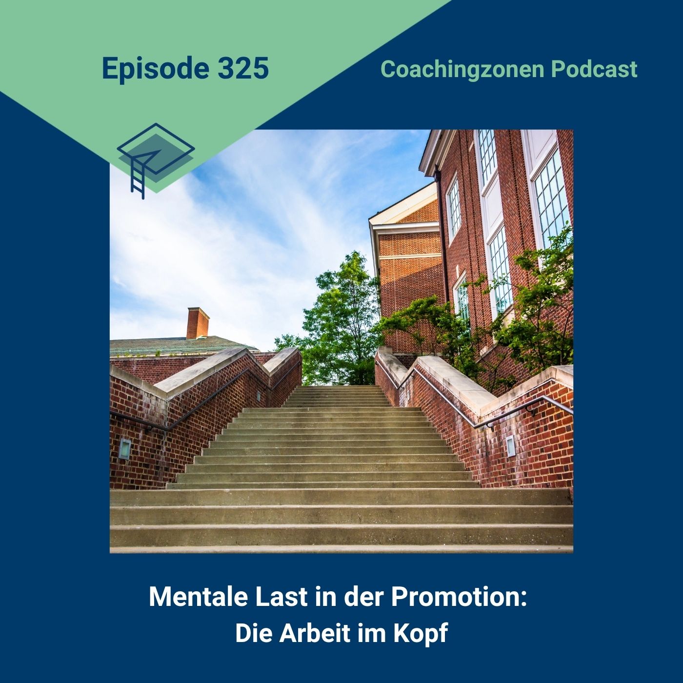 Mentale Last in der Promotion: Podcastcover Episode 325 mit einer breiten Treppe zwischen Backsteingebäuden einer Hochschule