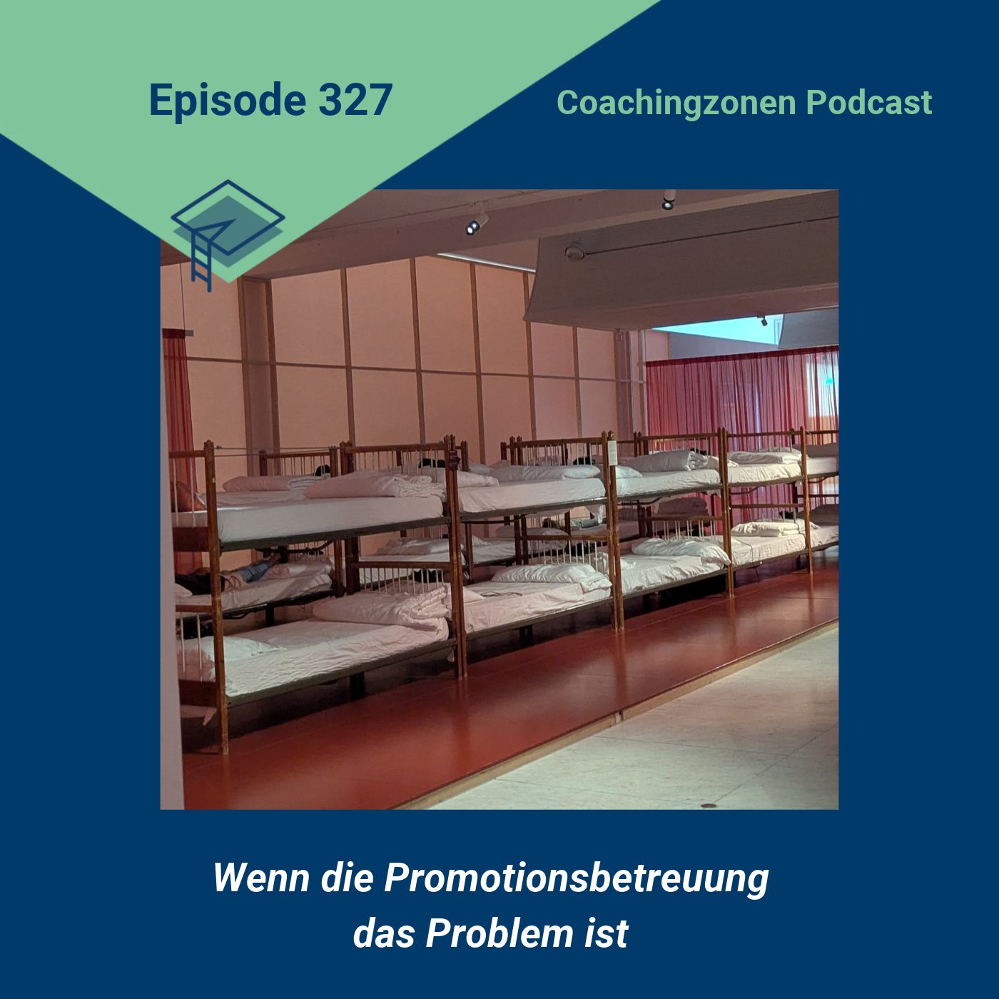 Wenn die Promotionsbetreuung das Problem ist, Coachingzonen Podcast Episode 327 Probleme mit der Promotionsbetreuung: Podcastcover Episode 327 mit einer langen Reihe leerer Etagenbetten